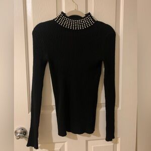 Bloomingdale's Cashmere Ribbed Knit Mock Neck Sweater Small Black With Pearls